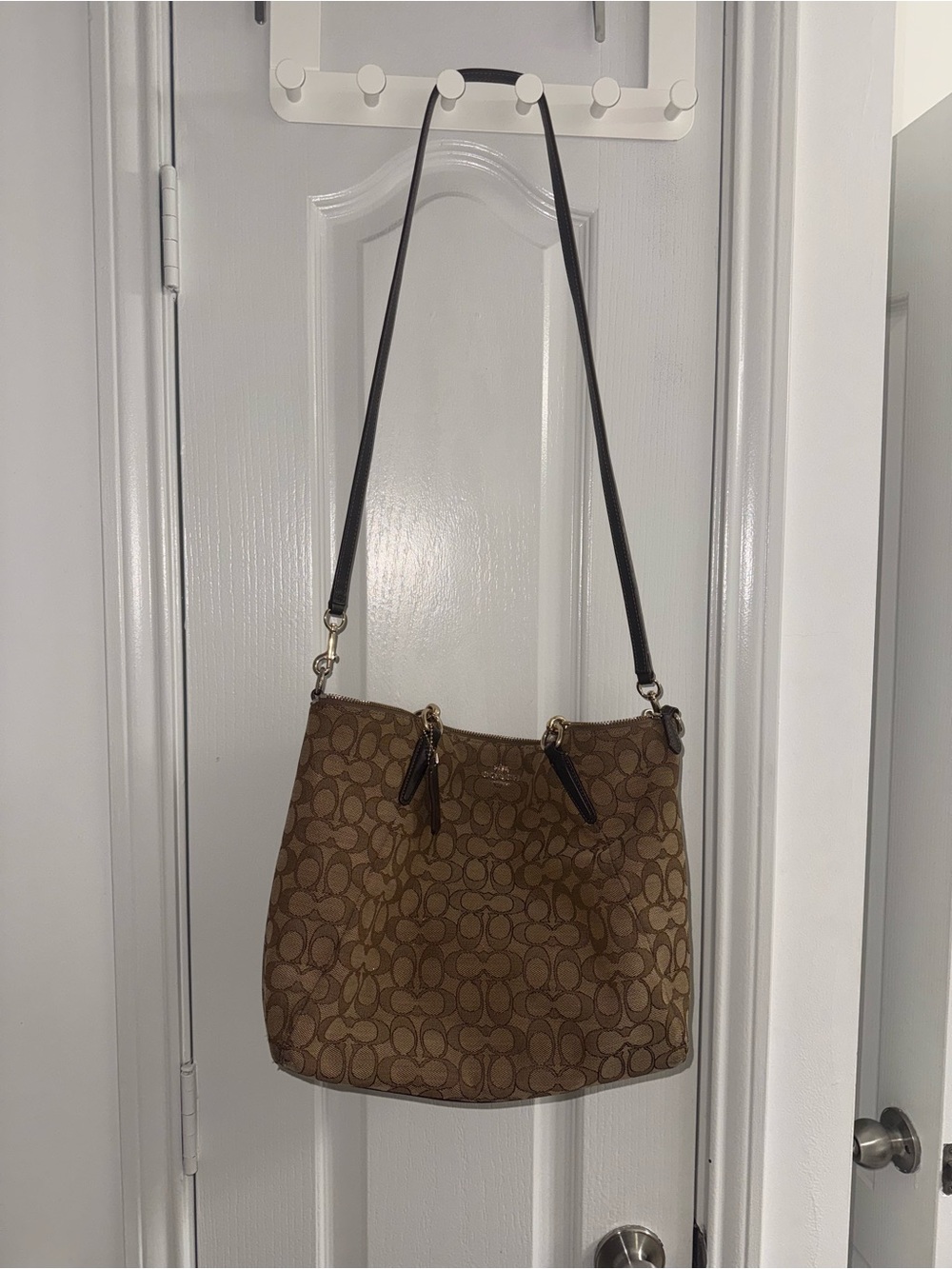 Coach Brown Signature Canvas Shoulder Hobo with Black Strap